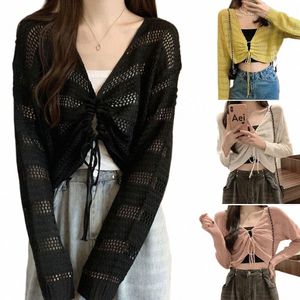women Short Knitted Cardigan Shrug Cropped Open Frt Sweet Sleeve Slim Lg Ladies Thin Hollow Out Knitted Cardigan Coat Q2V5 78bR#