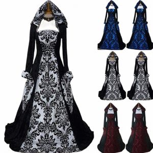 Women Gothic Dr LG Sleeve Retro Printing Cloak Dr stałe kolory vintage z kapturem czarownice