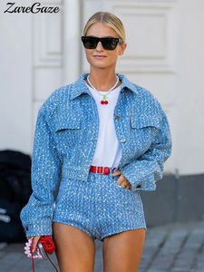 Blue Denim Sequined Jacket Short CoatShort Sets Long Sleeve Lapel Coats Slim Pants 2 Piece Set 2024 Spring Outfit 240323