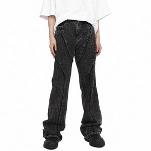 nero gamba larga jeans uomo gotico hip-hop patchwork pantaloni di jeans dritti nappe maschio primavera americano pantaloni larghi a vita alta T0nI #