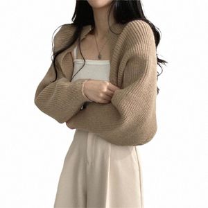 Outono feminino aberto Frt encolhe ombros manga LG Boleros sólido leve malha cortada cardigan suéteres xale curto tops 57BD 75Rn #