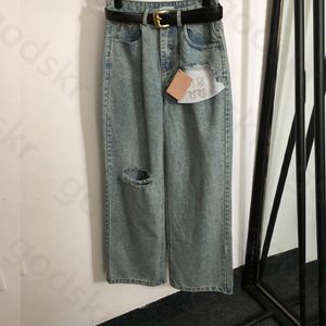 Mode rippade jeans kvinnor hög midja bälte denim byxor designer lösa breda ben byxor pressade borrbrev jeans