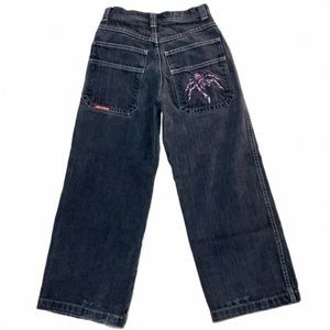 Streetwear JNCO Jeans Y2K Männer Harajuku Hip Hop Taschen Spinne Grafik Baggy Jeans Retro Schwarze Hosen Goth Hohe Taille Breite hosen G3Mn #