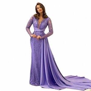 fivsole Purple Mermaid Evening Dr Special Ocn Women Wear Prom Dres High Neck Sparkly Sequin Saudi Arabia Formal Gowns 05Bb#