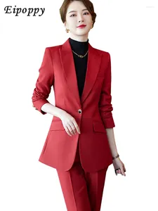 Calças femininas de duas peças escritório senhoras formal calça terno mulheres negócios trabalho desgaste blazer e calças feminino vermelho café preto marinho cáqui 2 conjunto