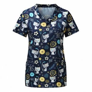 women Short Sleeve V-Neck Nurse Uniform Hospital Workers Cat Animal Funny Graphic T-Shirts Scrub Tops Working Uniform Blouse Z3bT#