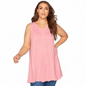 Plus Size V-neck Verão Elegante Colete Top Mulheres Casual Sleevel Swing Túnica Regata Plissada Detalhe Grande Tamanho Flare Blusa 6XL N9zq #