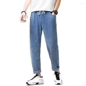 Herren-Jeans, lässig, elastische Taille, gerade, blaue Arbeits-Denim-Hose