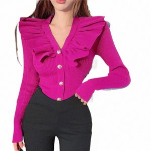 Ruffles V Neck Sweater Cardigan Women Full Sleeve High Stretch Knit Sweaters Shirts For Slim Girls Autumn Winter F18y#