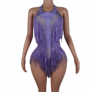 new 2023 Sequin Fringes Purple Leotard Sexy Tassel Bodysuit Latin Dance Pole Costume Stage Party Club Dancer Performance Liusu 833h#