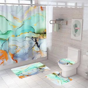 Duschvorhänge, grünes Marmor-Vorhang-Set, rutschfeste Matte, Toilettensitz und U-förmig, wasserdicht