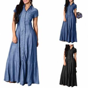 a-line Denim Dr Soft Denim Dr Elegante denim da donna Dr Risvolto Manica corta Vita alta Ruffle Hem A-line Silhouette Patch 65mz #