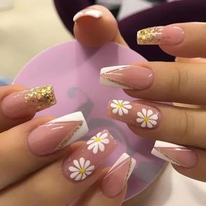 2024 24pcs French Fake Nails curta dicas de unhas Pressione False com designs Cobertura completa rosa artificial Dicas claras- para abreviar