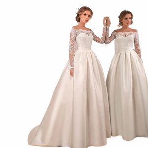 Abiti da sposa classici O-Collo maniche lunghe con cerniera applique in pizzo abiti da sposa Illusi Sweep Train A-Line abiti in raso da sposa p5zw #