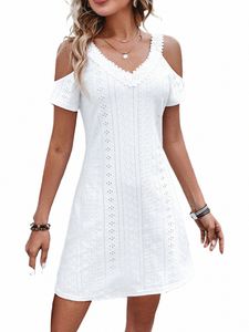 2024 nuove donne di estate bianco Dr scollo a V scava fuori pizzo Dres elegante Fi casual spalle scoperte abiti sexy 652e #