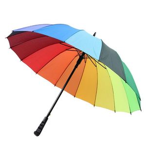 Umbrellas 20Pcs Rainbow Umbrella Long Handle Hook 16K High Quality Straight Windproof Colorf Pongee Women Men Sunny Rainy Drop Deliver Dhjut