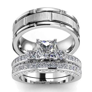 Anéis de casamento casal feminino clássico quadrado zircão anel de noivado conjunto masculino 8mm aço inoxidável cor prata sulco c3015