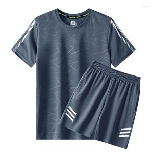 Herrspårar Ice Silk Quick Torking Fitness Set Sportswear Summer Short Breattable Sleeped T-shirt Running Basketball Training Room Soft