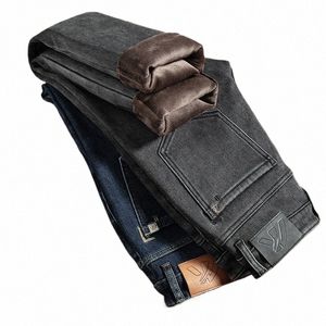 herrborstade jeans vinter nya avslappnade fi stretch ungdomsbyxor förtjockade varm smal rak manlig fleece denim byxor m7lq#