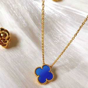 Designer Brand 925 Sterling Silver Van Blue Agate Clover Necklace Plated with 18KCNC Precision High Version Lucky Grass Pendant