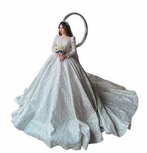 Luxuoso vestido de baile muçulmano casamento dres 2024 bling sparkly lantejoulas v pescoço manga lg vestido casamento rendas vestidos de noiva n9of #