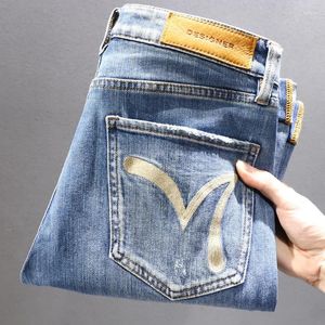 Jeans masculinos avançados sentido de design bordado para homens luz luxo cores contrastantes slim fit perna reta meados de ascensão calças elegantes