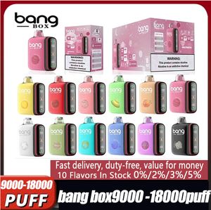 Bang Box Двухрежимный одноразовый Vape Bar 9000 18000 затяжек Перезаряжаемая сетчатая катушка Электронные сигареты 0% 2% 3% 5% Vaper Puff 9K 18K 12 вкусов