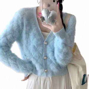 women Mohair Cardigan Blue Soft Fuzzy Knit Sweater with Pearl Butt Autumn Winter 19qN#