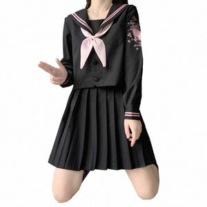 JK Studente Uniforme Uniforme giapponese School Girl Il ricamo JK Uniforme Studentessa Set completo Gonna a pieghe con farfallino D3R7 #