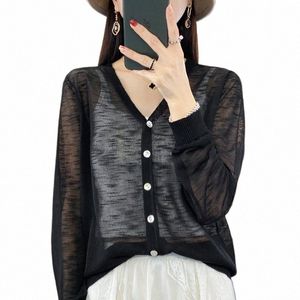 Summer Sunscreen Ice Silk Cardigan Women's V-Neck LG Sleeve Loose Sticked Top Solid Transparent Cardigan Air Cditied Shirt J2LV#
