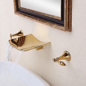 Bathroom Sink Faucets Free Ship Modern Ti-PVD Gold Waterfall Wall Mount Bath Widespread Faucet Tap