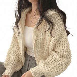 hooded Cardigan Sweater for Women Lg Sleeve Zip Up Knitted Crop Sweater Autumn Winter K8W2#