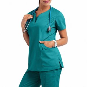 Kadınlar Kısa Kollu Scrub Üstleri katı hemşire üniforması V yaka cep bakım işçileri T-shirt üstleri klinik güzellik sal çalışma giyim c9lo#