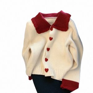 women's Cardigan Sweater Coat Red White Ctrast Doll Neck Knitwear Autumn Winter 2023 New Sweet Thicked Heart Butt Sweaters T9y4#