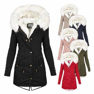 women's Winter Jacket Warm Solid Plush Thickened Lg Winter Coat Outdoor Hiking Fur Collar Hooded Windproof Parka Overcoat w9xI#