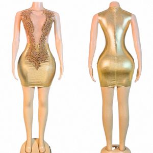 FI احتفال المساء Dres Women Stretch Gold Rhinestes Dr Singer Stage Gogo Dance Costume Festival Outfit XS7385 y9sq#