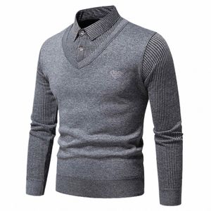 2023 New Winter Turtleneck 두꺼운 남자 스웨터 lg- 소매 가짜 2 피스 스웨터 고품질 가을 캐주얼 버스 린 풀오버 O4J4#