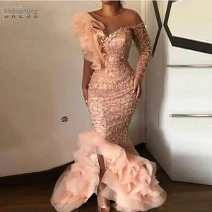Blush Pink Beaded Mermaid Prom Dresses Lace Appliqued One Shoulder Evening Gowns Plus Size Formal Party Pageant Wear