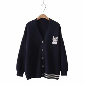 Gato bordado camisola cardigan feminino outono inverno casacos de malha simples quente cardigan jaquetas casual lg manga engrossar topo e9z9 #