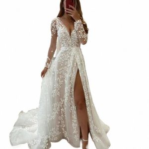 Splendido scollo a V maniche Lg Wedding Dres Applique in pizzo Abiti da sposa Sexy Split Tulle A Line Sweep Train Abiti da sposa N3Jp #