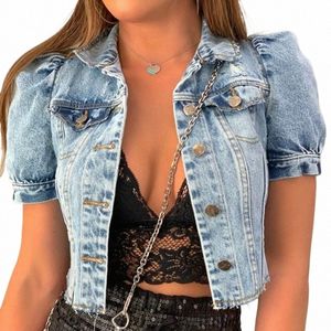 Crop Jean Coat Summer Autumn Ubrania Veste Femme Chaqueta Mjer Woman Dżins Kurtka Krótki rękaw Red dżins Kurtak Women N0GB#