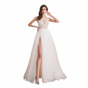 v Neck Wedding Dres White Sexy High Splits Beaded Beading Pearls Crystal A Line Backl Bridal Gown Vestido De Noiva H8lK#