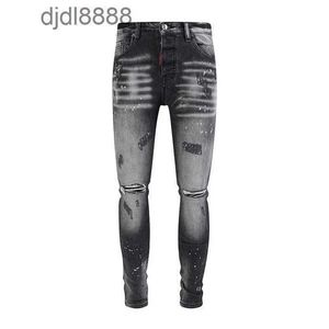 Erkekler Tasarımcı Pantolon 2024 Yeni High Street Trendy Marka Kırık Cilt Yaması Elastik Slim Fit Sıkıntılı Deep Blue Jeans Erkekler