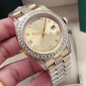 18 Style With Box Mens 18k Yellow Gold Watches Men's 40mm Champagne Roman Dial Date Bezel Yellow Gold Diamond Bezel bracelet 2735