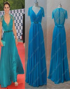 Kändisklänningar Kate Middleton Blue Green Color Real Facture Images A Line V Neck Cap Sheer Sheer Pets Pärled Ribbon Kate Dress8666201