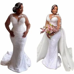 pearls Beaded Luxury Mermaid Wedding Dres Lg Sleeves African Bridal Gown With Detachable Train White Satin Vestido De Novia r588#