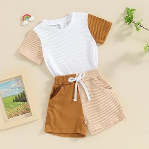 Kläduppsättningar födda baby pojke sommarkläder ribbad kort ärm t-shirt färgblock jogger shorts 0 6 12 18 24 månader 3t