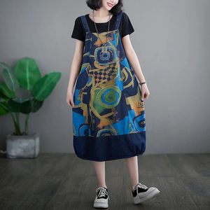 #2142 Summer Ogólna dżinsowa sukienka dla kobiet z nadrukiem dżinsów Aline Pockets Vintage Vestido Loose Spaghetti Pasp 240329