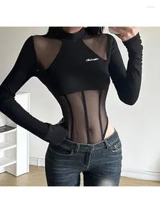 Casual Dresses 2024 Solid Black Bodysuit Clubwear Crewneck Full Sleeve See Through Mesh Patchwork Bodycon bodysuits Women Sexy Body Shirts