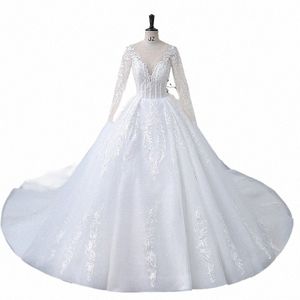 Shar Vestidos Yeni Düğün Dresleri Tam Kollu V Yastık Lüks Dantel Vestido De Noiva Shinny Robe De Mariee Plus Boyun Kadınlar için L6ZB#